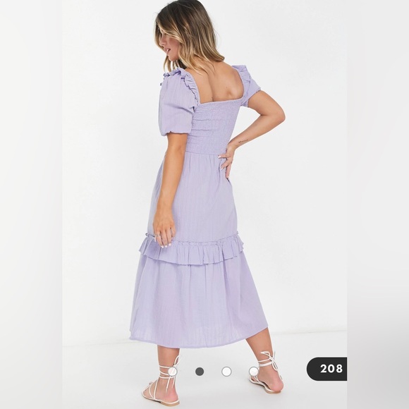 ASOS Miss Selfridge textured frill detail shirred midi dress in Lilac - Picture 4 of 7